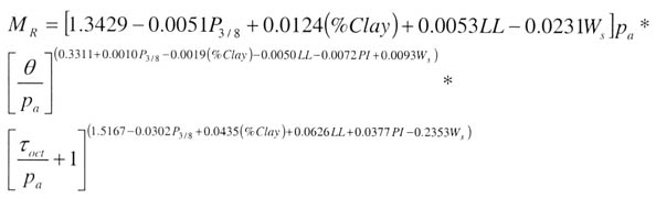 Equation 13: resilient modulus equals [1.3429 minus (0.0051 times percentage passing three eighths inch sieve) plus (0.0124 times percentage clay) plus (0.0053 times liquid limit of soil) minus (0.0231 times the water content of the test specimen)] times atmospheric pressure times [(bulk stress divided by atmospheric pressure) to the (0.3311 plus (0.0010 times percentage passing three eighths inch sieve) minus (0.0019 times percentage clay) minus (0.0050 time liquid limit of soil) minus (0.0072 times plasticity index of soil) plus (0.0093 times the water content of the test specimen))] times [((octahedral shear stress divided by atmospheric pressure) plus1) to the (1.5167 minus (0.0302 times percentage passing three eighths inch sieve) plus (0.0435 times percentage clay) plus (0.00626 times liquid limit of soil) plus (0.0377 times plasticity index of soil) minus (0.2353 times the water content of the test specimen))].