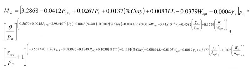 Equation 14: resilient modulus equals [3.2868 minus (0.0412 times percentage passing three eighths inch sieve) plus (0.0267 times percentage passing number 4 sieve) plus (0.0137 times percentage clay) plus (0.0083 times liquid limit of soil) minus (0.0379 times optimum water content) minus (0.0004 times the dry density of the test specimen)] times atmospheric pressure times [(bulk stress divided by atmospheric pressure) to the (0.5670 plus (0.0045 times percentage passing three eighths inch sieve) minus (2.98 times (10 to the negative 5) times percentage passing number 4 sieve) minus (0.0043 times percent silt) minus (0.0102 times percentage clay) minus (0.0041 times liquid limit of soil) plus (0.0014 times optimum water content) minus (3.41 times (10 to the negative 5) times the dry density of the test specimen) minus (0.4582 times (the dry density of the test specimen divided by maximum dry unit weight of soil)) plus (0.1779 times (the water content of the test specimen divided by optimum water content))] times [((octahedral shear stress divided by atmospheric pressure) plus 1) to the (negative 3.5677 plus (0.1142 times percentage passing three eighths inch sieve) minus (0.0839 times percentage passing number 4 sieve) minus (0.1249 times percentage passing the number 200 sieve) plus (0.1030 times percentage silt) plus (0.1191 times percentage clay) minus (0.0069 times liquid limit of soil) minus (0.0103 times optimum water content) minus (0.0017 times the dry density of the test specimen) plus (4.3177 times (the dry density of the test specimen divided by maximum dry unit weight of soil)) minus (1.1095 times (the water content of the test specimen divided by optimum water content))].