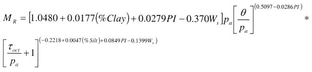 Equation 15: resilient modulus equals [1.0480 plus (0.0177 times percentage clay) plus (0.0279 times plasticity index of soil) minus (0.370 times the water content of the test specimen)] times atmospheric pressure times [(bulk stress divided by atmospheric pressure) to the (0.5097 minus (0.0286 times plasticity index of soil)] times [((octahedral shear stress divided by atmospheric pressure) plus 1) to the (0.2218 plus (0.0047 times percent silt) plus (0.0849 times plasticity index of soil) minus (0.1399 times the water content of the test specimen))].