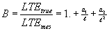 Equation 10 Bending correction factor equals the true load transfer efficiency divided by the measured load transfer efficiency, which equals 1 plus the sum total of the model parameter 1 divided by the radius of the relative stiffness, plus the sum total of the model parameter 2 divided by the radius of relative stiffness squared.