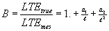 Equation 10 Bending correction factor equals the true load transfer efficiency divided by the measured load transfer efficiency, which equals 1 plus the sum total of the model parameter 1 divided by the radius of the relative stiffness, plus the sum total of the model parameter 2 divided by the radius of relative stiffness squared.