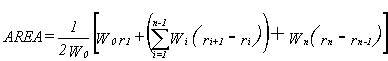 Equation 12 AREA parameter equals the sum total of 1 divided by 2 times the measure deflections at initial sensor position, times the total quantity of measured deflection at initial sensor position times the distance in millimeters between the first and second sensor plus the sum total of the summation from the second sensor position to the second from the last sensor position of the measured deflections at all sensor positions times multiplied by the difference in distance in millimeters of the corresponding adjacent sensor positions, plus the measured deflection at the sensor position times multiplied by the difference of the distance of the last sensor position and the next-to-the-last sensor position.