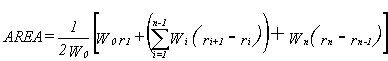 Equation 12 AREA parameter equals the sum total of 1 divided by 2 times the measure deflections at initial sensor position, times the total quantity of measured deflection at initial sensor position times the distance in millimeters between the first and second sensor plus the sum total of the summation from the second sensor position to the second from the last sensor position of the measured deflections at all sensor positions times multiplied by the difference in distance in millimeters of the corresponding adjacent sensor positions, plus the measured deflection at the sensor position times multiplied by the difference of the distance of the last sensor position and the next-to-the-last sensor position.