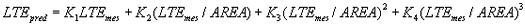 Equation 13 Predicted loaded transfer efficiency equals the sum total of the regression coefficient subscript 1 times the measured loaded transfer efficiency, plus the sum total of the regression coefficient subscript 2 times the sum total of the measured loaded transfer efficiency divided by AREA parameter, plus the sum total of the regression coefficient subscript 3 times the sum total of the measured loaded transfer efficiency divided by the AREA parameter, squared,  plus the sum total of the regression coefficient subscript 4 times the sum total of the measured loaded transfer efficiency divided by the AREA parameter, cubed.