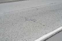 FIGURE 60.  Distress Type JCP 4 - High Severity Transverse Cracking, Color photograph of jointed portland cement concrete pavement with distress type JCP 4 - high severity transverse cracking.  The crack extends across the entire lane from the edge stripe to the center line and the crack width is approximately 12 mm, as indicated by the scale pictured in the center of the photograph.  The crack has a spalled area in each wheel path and one in the center of the lane both approximately 75 mm wide.