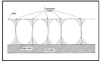 FIGURE 90.  Distress Type CRCP 1 - Durability Cracking (D Cracking)
Schematic drawing of continuously reinforced concrete pavement with distress type CRCP 1 - durability cracking (D Cracking).  The drawing shows a lane as it would be viewed from above with a jointed center line in the middle and edge joint and shoulder at the bottom.  There are five  transverse cracks that extend across the lane.  At both ends of the crack where they meet the center line joint and the edge joint, there are 3 to 6 closely-spaced, crescent-shaped hairline cracks on both sides of the transverse crack.
