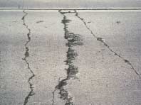 FIGURE 100.  Distress Type CRCP 3 - High Severity Transverse Cracking, Color photograph of continuously reinforced concrete pavement with distress type CRCP 3 - high severity transverse cracking.  One lane of pavement is depicted, and there are 3 continuous transverse cracks that extend across the width of the lane.  Two of the cracks are approximately 25 mm wide, with spalling along approximately 40% of the crack length.  The third crack is the high severity transverse crack; it is approximately 75 mm wide, with spalled areas across approximately 95% of the crack length up to approximately 300 mm wide.