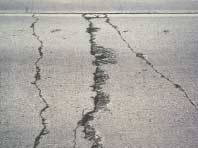 FIGURE 100.  Distress Type CRCP 3 - High Severity Transverse Cracking, Color photograph of continuously reinforced concrete pavement with distress type CRCP 3 - high severity transverse cracking.  One lane of pavement is depicted, and there are 3 continuous transverse cracks that extend across the width of the lane.  Two of the cracks are approximately 25 mm wide, with spalling along approximately 40% of the crack length.  The third crack is the high severity transverse crack; it is approximately 75 mm wide, with spalled areas across approximately 95% of the crack length up to approximately 300 mm wide.