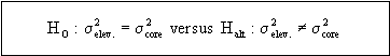 Figure 14 in page 51 shows the hypothesis test equation for equality of variance of pavement layer thickness data obtained by core samples and elevation measurements, respectively. The null hypothesis conjures that the core sample variance (sigma square sub core) is equal to the elevation measurement variance (sigma square sub elev.) versus the alternative hypothesis that conjures inequality between the two variances.