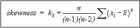 Figure 76 in page 133 shows the skewness (k3) definition equation. k3 is equal to n divided by the product of n-1 and n-2 times the summation of the cubic difference between x sub i minus x bar, where n is the number of layer thickness measurements for the layer; x sub i is the individual thickness measurement along the section; x bar is the mean layer thickness.