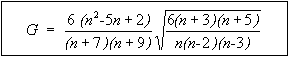 Figure 91 in page 135 shows the parameter G definition equation. G is equal to the product of the quotient of the product of 6 and n square minus 5n plus divided by the product of n+7 and n+9 and the square root of the quotient of the product of 6, n+3, and n+5 divided by the product of n, n-2, and n-3, where n is the number of layer thickness measurements for the layer.