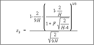 Figure 93 in page 136 shows the kurtosis statistic z2 definition equation. z2 is equal to the quotient of the total of 1 minus 2 divided by 9H minus the cubic root of the quotient of 1 - 2 over H divided by the total of 1 and F times the square root of 2 divided by H - 4 and the square root of the quotient of 2 divided by 9H, where H is defined in Figure 92 in page 136.