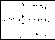 Figure 94 in page 137 shows the cumulative frequencies (S sub n of x) definition equation. S sub n of x is equal to one of the three values depending on the interval that x falls into. S sub n of x is equal to 0 if x is less than x sub k equals 1; k/n if x is less than or equal to x sub k+1 and greater than or equal to x sub k; 1 if x is greater than or equal to x sub k equals to n, where n is the number of layer thickness measurements for the layer; x sub k is the k-th layer thickness measurement in the ascending order.