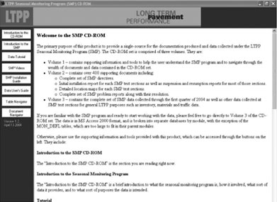 screenshot of the main menu of CD number 1 of the LTPP SMP cdrom set