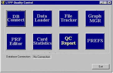 Control Panel Showing the following buttons: DB Connet, Data Loader, File Tracker, Graph MGR, PRF Editor, Card Statistics, QC Report, PREFS, Exit. Also shows the Database Connection indicator