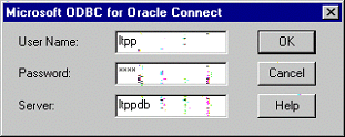 Microsoft ODBC for Oracle Connect Panel showing User Name, Password, and Server entry spaces