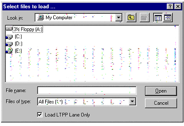 Select Files to Load Panel showing Look in, File Name, Files of Type, and Load LTPP Lane Only selection boxes