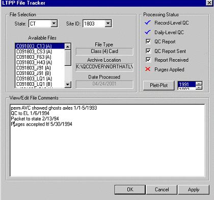 LTPP File Tracker panel showing File Selection, Processing Status, and View/Edit File Comments fields