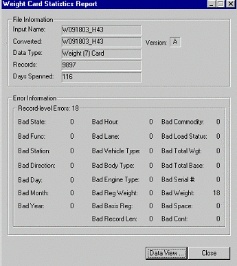 Weight Card Statistics Report panel showing File Information, Error Information fields