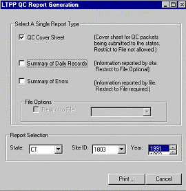 LTPP QC Report Generation panel showing Select a Single Report Type and Report Selection fields