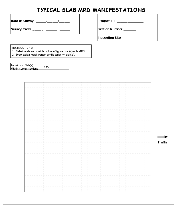 Figure I-10:  Graphic.  Survey form for illustrating typical MRD. This form is used to note typical slab MRD manifestations. At the top is a place to record common project information. The instructions found below the general information section indicate that a scale and sketch should be made of the slab including the typical crack pattern and location. Below this is a space to draw the sketch.