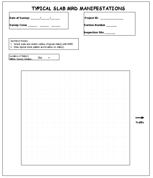 Figure I-10:  Graphic.  Survey form for illustrating typical MRD. This form is used to note typical slab MRD manifestations. At the top is a place to record common project information. The instructions found below the general information section indicate that a scale and sketch should be made of the slab including the typical crack pattern and location. Below this is a space to draw the sketch.