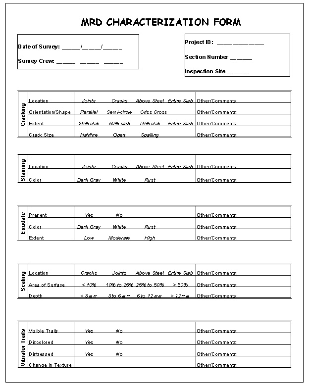 Graphic.  MRD characterization form.  This form is used to categorize the MRD in terms of its cracking pattern including location, shape, and size.  Separate spaces are provided for different types of MRD and space is provided at the top of the page to record general project information.