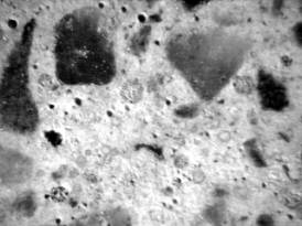  Figure 3-23 (a):  Photographs.  Stereo optical micrographs showing sulfate materials filling air voids.  This figure is comprised of two micrographs, both of which were stained with barium chloride/potassium permanganate to make sulfate materials in the aggregate more visible.  In both micrographs, at least three filled air voids can be seen.