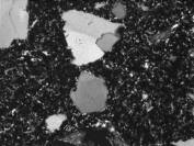   Figure 3-50 (c):  Photographs.  Petrographic micrographs from spall obtained from NC-440-015 showing ettringite filled entrained air voids.  Ettringite growths are unusually dense.  This figure is comprised of three micrographs labeled A, B, and C.  Photograph A uses a transmitted plane polarized light.  The air voids appears as light gray circles on this micrograph.  Photograph B was taken is in epifluorescent mode.  The filled air voids are more evident in this micrograph and at least seven are visible.  Photograph C uses a transmitted cross polarized light and the air voids are not easily seen.