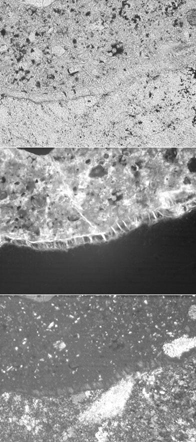  Figure 3-67:  Photographs.  Petrographic micrograph of core CA-058-141-001E, thin section of micrographs of ettringite-filled crack along contact between coarse aggregate and cement paste.  This figure is comprised of three micrographs, one analyzed using transmitted plane polarized light, another using the epifluorescent mode, and another using transmitted cross polarized light.  The images are magnified 188 times. In all three, the ettringite-filled contact line between the aggregate and the cement paste can be seen.  This is most visible in the middle image, which was created using the epifluorescent mode.  