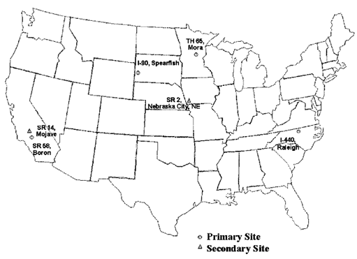 Figure 3-1:  Graphic. General location of projects included in study. This map shows the location of the six projects (four primary and two secondary) conducted for this study.   On the map, circles indicate primary project sites and are located along State Route 68 in Boron, California, along I 90 in Spearfish, South Dakota, TH 65 in Mora, Minnesota, and along I 4 40 in Raleigh, North Carolina. Triangles indicate secondary project sites and are located along State route 14 in Mojave, California and along State route 2 in Nebraska City, Nebraska.