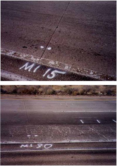 The figures consist of 10 photographs of typical areas of each test section of the Boron test site. Photograph C-1-A shows two pictures of control section 1, C 1; photo C-1-B shows two photographs of methacrylate section 1, M1; photo C-1-C shows two photographs of methacrylate 2, M 2; photo C-1-D shows two photographs of control section 3, C 3; and photo C-1-E shows two photographs of methacrylate section 3, M 3.