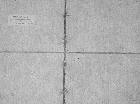Photograph of Minnesota test section 1, 1998. This black-and-white photograph shows four concrete slabs. Most of the surface texture parenthesis brooming end parenthesis is still visible. Sand particles up to 2 millimeters are visible in a very lightly scaled surface. There are a few tiny dark specks on the slab that are the sand particles mentioned above.