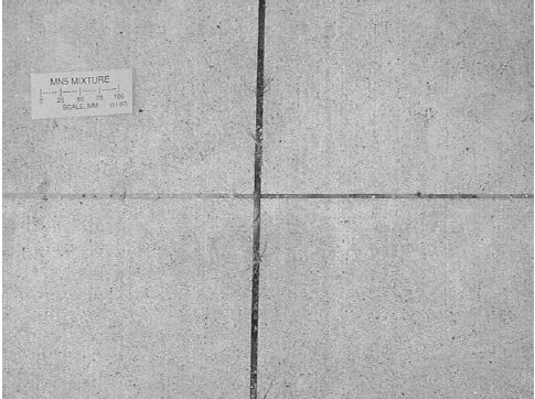 Photograph of Minnesota test section 5, 1998. The figure is a black-and-white photograph of four concrete slabs. Scaling is slightly heavier than figure 2, and in some areas the surface texture parenthesis brooming end parenthesis is obscured. Dark specks or sand particles are scattered throughout the surface. On the top left side is a piece of paper with a measuring scale in millimeters.