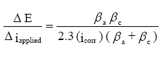 The change in potential energy divided by the change in applied current is equal to the Tafel slope A times the Tafel slope C over 2.3 times the corrosion rate times the sum of the Tafel slopes A and C.