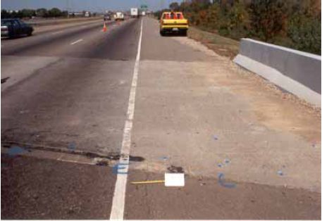 Photograph showing the test section on Interstate 270 northbound in 1995, which consists of a concrete bridge section.