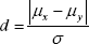 Alt=D equals a quotient. The numerator of the quotient is the absolute value of Mu subscript X minus Mu subscript Y. The denominator of the quotient is Sigma.