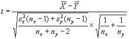 T equals a quotient with X bar minus Y bar in the numerator. The denominator is the product that results from multiplying two square roots together. The first is the square root of a quotient. The numerator of this quotient is sum of two terms. The first term is the square of S subscript X multiplied by the sum of N subscript X minus one. The second term is the square of S subscript Y multiplied by the sum of N subscript Y minus one. The denominator of the quotient is 2 subtracted from N subscript X plus N subscript Y. The second square root is the square root of the sum of two quotients. The first quotient is 1 divided by N subscript X, and the second quotient is 1 divided by N subscript Y.