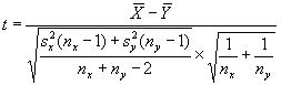 T equals a quotient with X bar minus Y bar in the numerator. The denominator is the product that results from multiplying two square roots together. The first is the square root of a quotient. The numerator of this quotient is sum of two terms. The first term is the square of S subscript X multiplied by the sum of N subscript X minus one. The second term is the square of S subscript Y multiplied by the sum of N subscript Y minus one. The denominator of the quotient is 2 subtracted from N subscript X plus N subscript Y. The second square root is the square root of the sum of two quotients. The first quotient is 1 divided by N subscript X, and the second quotient is 1 divided by N subscript Y.