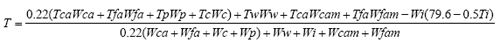 The concrete placing temperature, T, equals 0.22 times the following: temperature of coarse aggregate TCA times dry mass of coarse aggregate WCA plus temperature of fine aggregate TFA times dry mass of fine aggregate WFA plus temperature of pozzolan TP times WP mass of pozzolan plus temperature of TC times mass of cement WC. Then add temperature of mixing water excluding ice TW times mass of mixing water WW, plus TCA times mass of free and absorbed moisture in coarse aggregate WCAM, plus TFA times mass of free and absorbed moisture in fine aggregate WFAM. Then subtract mass of ice WI times the sum of 79.6 minus 0.5 times temperature of ice TI. Take this result and divide it by the following: 0.22 times the sum of WCA plus WFA plus WC plus WP, then add to this WW plus WI plus WCAM plus WFAM.