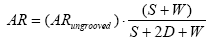 Adjusted application rate, AR, equals AR subscript ungrooved times the quotient of the space between grooves, S, plus the width of the grooves, W, all divided by S plus 2 times the depth of the grooves, D, plus W.