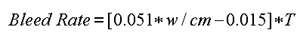The bleed rate equals pavement thickness in centimeters, T, times the following: 0.051 times the water-cementitious materials ratio, W/CM, minus 0.015.