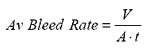 The average bleed rate equals the amount of bleed water in kilograms, V, divided by the surface area of the specimen in meters squared, A, times time in hours, T.