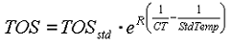 Time of setting, TOS, equals TOS subscript STD standard conditions, any unit, times E superscript the following: constant, R times the sum of the quotient of 1 divided by temperature of in-place concrete, CT minus 1 divided by temperature during laboratory test, STD Temp.