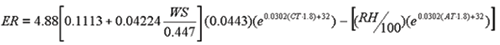 Evaporation rate, ER, equals 4.88 times the sum of 0.1113 plus 0.04224 times the wind speed, WS, divided by 0.447, times 0.0443 times E raised to the 0.0302 times concrete temperature, CT, times 1.8 plus 32, minus the following: relative humidity, RH, divided by 100 times E raised to the 0.0302 times air temperature, AT, times 1.8 plus 32.