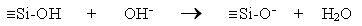 Equation 2. Acidic silanol groups react with hydroxide ions to form an alkaline silicate solution and water.