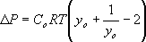 Equation 8. Delta P equals the sum of the following: y naught, the reciprocal of y naught, and negative 2, multiplied by C naught, R and T.