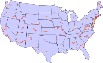 Figure 1. Map. A Sample of Reported Cases of ASR in the United States. This map of the U.S. shows a geographic sampling of the distribution of reported cases of alkali-silica reaction. Cases have been reported in nearly all States in the United States, with some clustering in the mid-Atlantic States.