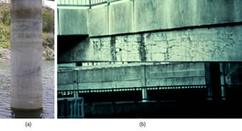 Figure 8. Photos. ASR-Induced Damage in Restrained Concrete Elements, Including A) Reinforced Concrete Column and B) Prestressed Concrete Girder. Photo A shows several vertical cracks, with smaller cracks branching off diagonally. Photo B shows several horizontal cracks along the length of the girder, with smaller cracks branching off vertically.