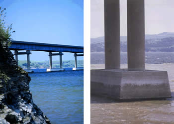 Figure 31. Photos. Repair of Pile Caps on Platte Winner Bridge, SD. The left photo shows the Platte Winner Bridge, which is supported on piers with two columns each anchored to a pile. The right photo is a closeup of a repaired pile cap at the water level.